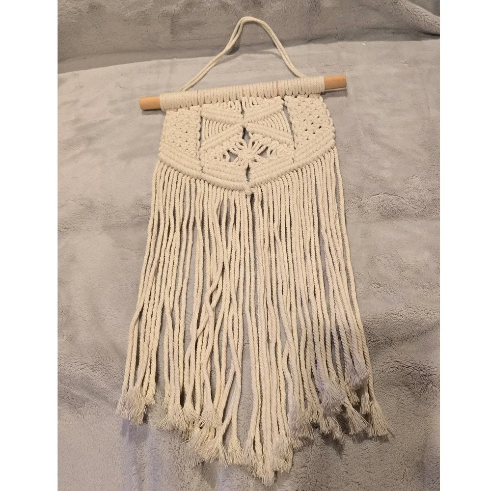 Boho Macrame Wall Hanging Cream Cotton Woven Fiber Art Geometric Fringe Decor
